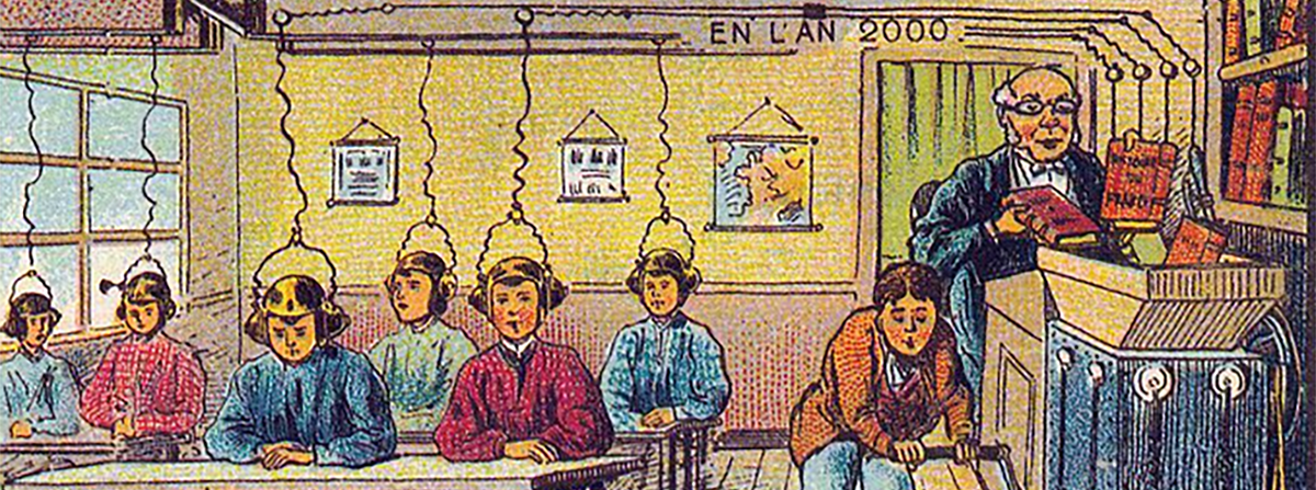 An illustration of students sitting at desks with hands folded, while wearing brain-computer interfaces capable of transmitting knowledge from school textbooks directly into their wetwear.