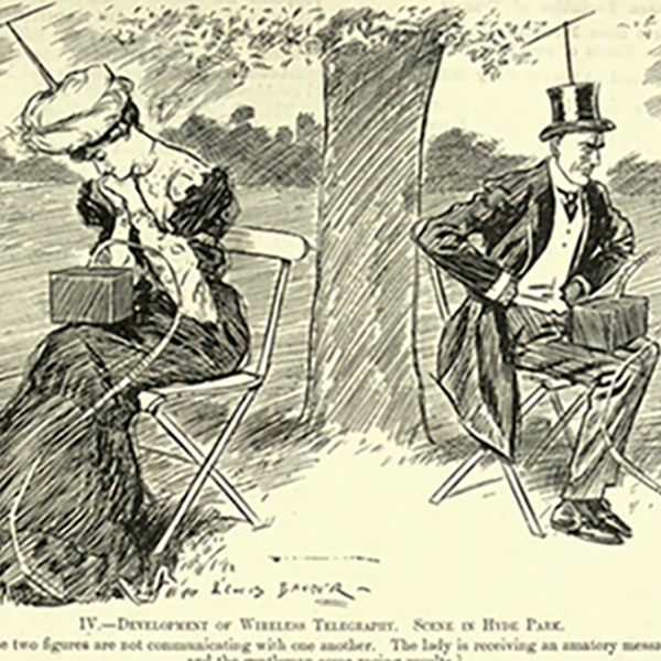 An illustration from 1906 depicts a woman in a bonnet and elegant dress and a man wearing a three-piece suit and top-hat watching as their personal telegraphs receive information. The caption of the illustration states: 'The two figures are not communicating with one another', envisioning the kind of phubbing that would occur in the age of the smart-phone.