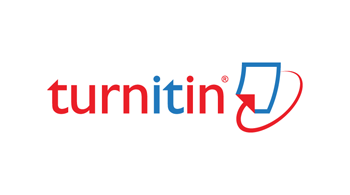 turnitin logo depicts text 'turnitin' in red and blue with registered trademark and an icon of a student paper with an arrow. 